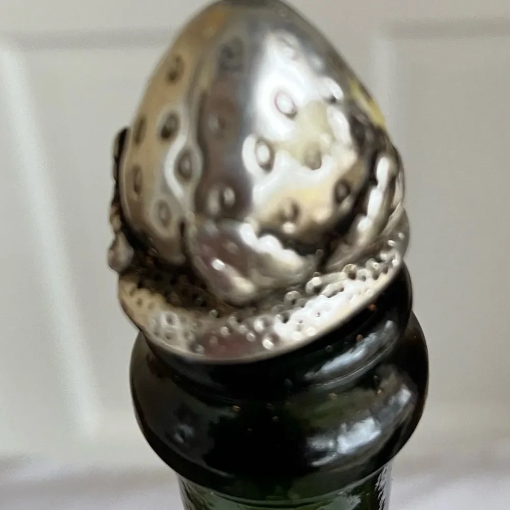 Vintage Segura Viudas glass dark green empty vine bottle with lid, Pewter decor.